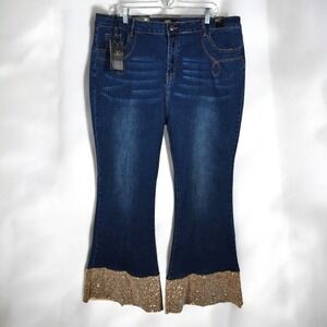 L&B Lucky Blessed Flare Sequin Cuff Jeans Womens 22 Dark Wash Stretchy Denim NWT